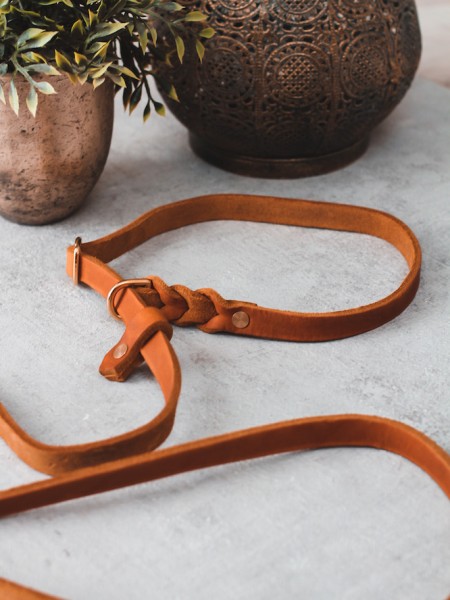 Leder Retrieverleine  *COGNAC* geflochten