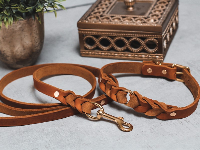 Leine und Halsband aus Fettleder geflochten